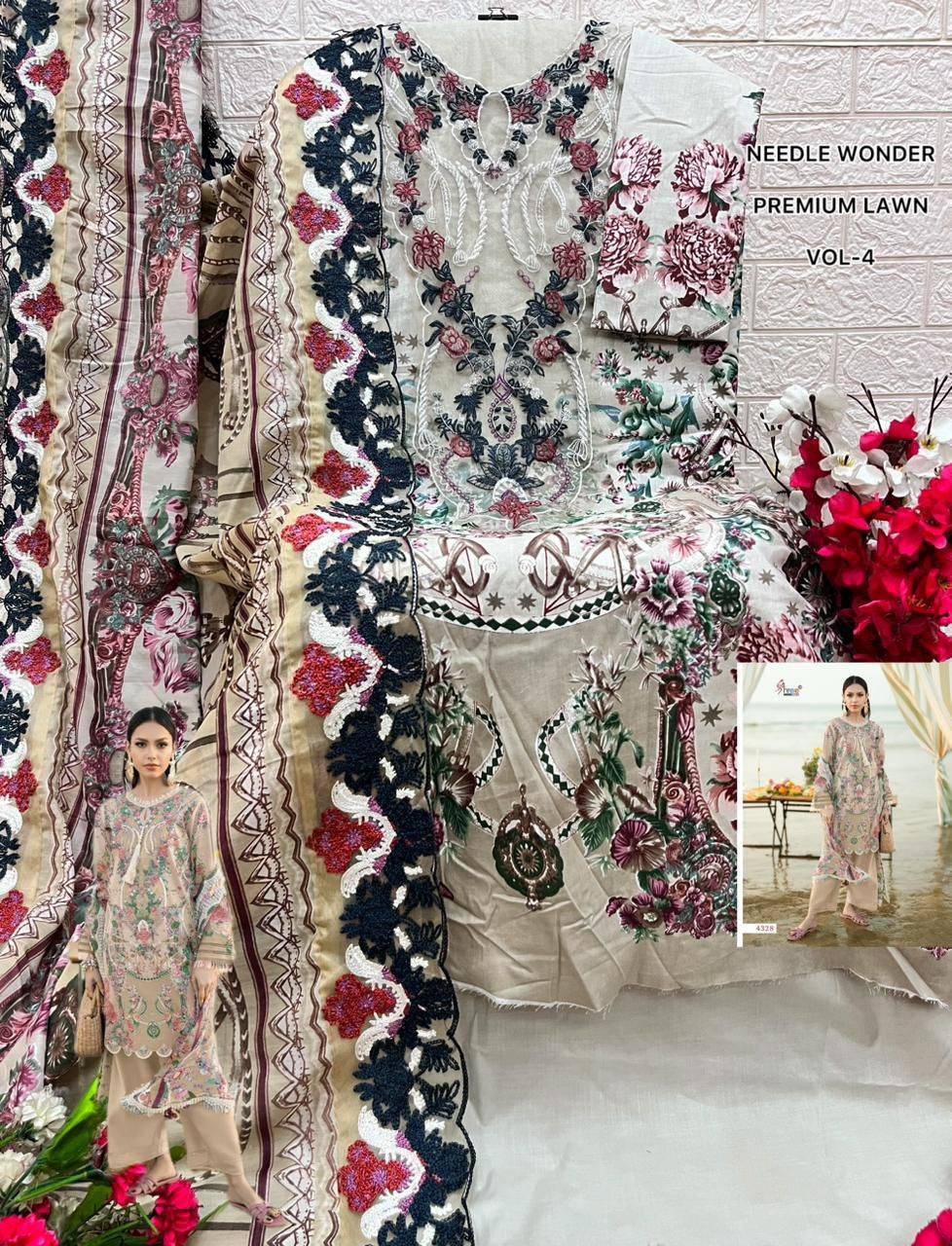 NEEDLE WONDER PREMIUM LAWN VOL-4 By Shree Fabs 4321 To 4328 Series Designer Pakistani Suits Pure Cotton print Dresses At Wholesale Price